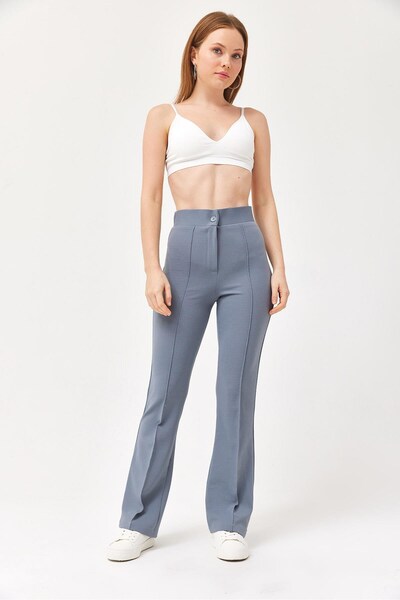 Juuuj Gray Crepe Fabric High Waist Button Detailed Piped Leg Classic Cut Comf...