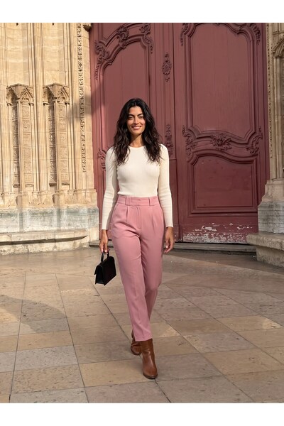 Juuuj Pink Woven Fabric High Waist Carrot Cut Thick Belted Daily Use Trousers