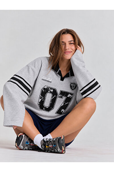 Mixray 2257 Women's 07 Printed Polo Collar Oversize Sweatshirt Gray