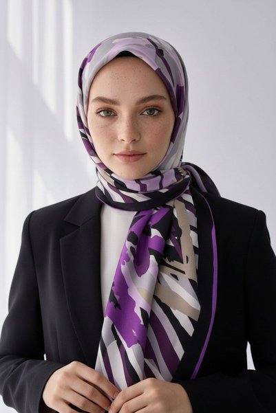 Vissona KREP ZEBRA VE ÇİÇEK DESENLİ LİLA RENKLİ 75X195 KIRIŞMAZ ŞAL