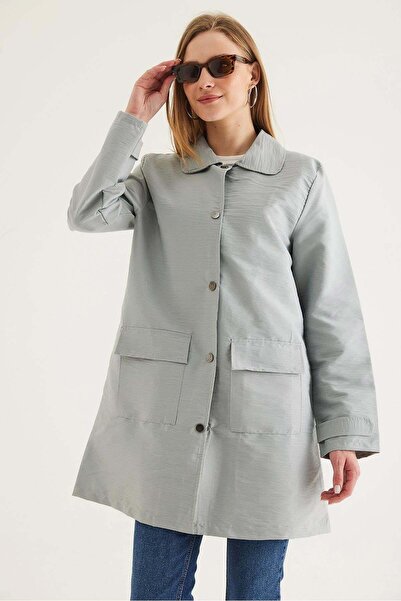 Juuuj Gray Polyester Fabric Shirt Collar Long Sleeves Snap Closure Pocket Det...