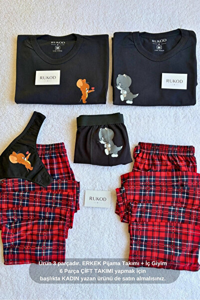 RUKOD ERKEK Tekli Siyah Kedicik & Farecik Pijama ve İç Giyim Takımı (Çift Pij...