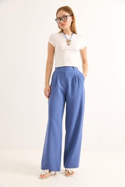 Juuuj Blue Woven Fabric High Waist Wide Leg Pleated Detailed Relaxed Fit Pala...