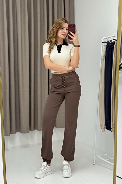 Juuuj Brown Two-Thread Stretch Fabric High Waist Elastic Cuffs Relaxed Fit Sw...