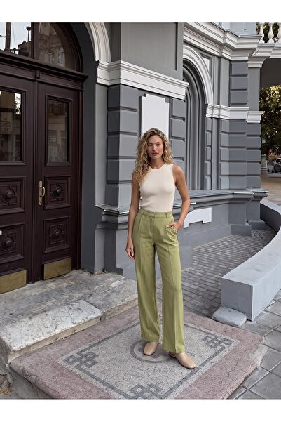 Juuuj Green Textured Fabric High Waist Wide Leg Relaxed Fit Seasonal Casual T...