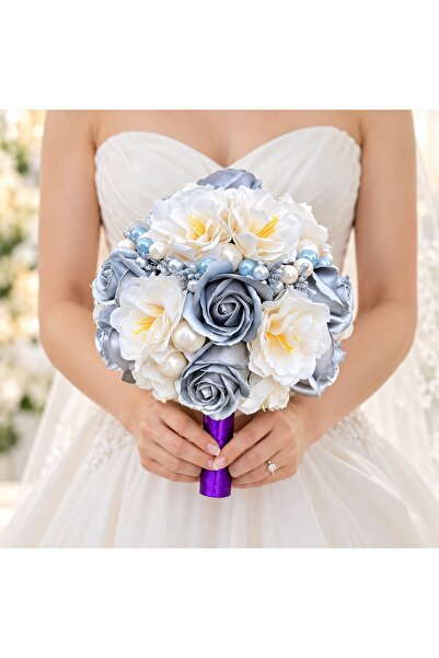 velve Buchet Mireasa Silver cu trandafiri, anemone si accesorii, silver-alb