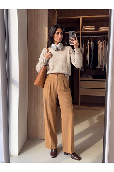 Juuuj Tan Woven Fabric High Waist Wide Leg Relaxed Fit Pleated Detailed Zippe...