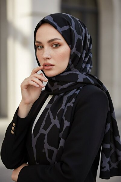 Vissona KREP TAŞ DESENLİ SİYAH - FÜME RENKLİ 75X195 KIRIŞMAZ ŞAL