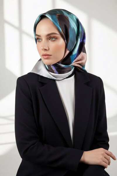 VİOLLA Twill Yağlı Boya Desenli İndigo Renkli 90x90 Eşarp (İpek İçermez) Kena...