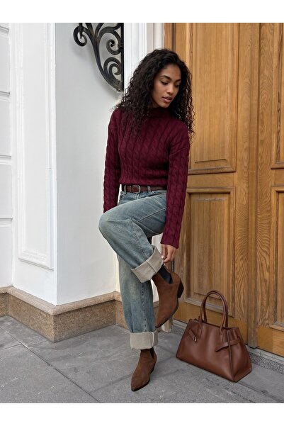 Juuuj Burgundy Knitted Textured Turtleneck Long Sleeve Comfortable Fit Hair K...