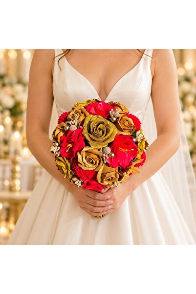 velve Buchet Mireasa Gold cu trandafiri, anemone si dalii de sapun, rosu-gold...