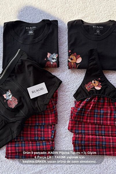 RUKOD KADIN Tekli Siyah Farecik Pijama ve İç Giyim Takımı (Çift Pijamasının K...