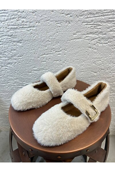 Beyond Women's Cream Buckle Mary Jane Feather Casual Ballerinas Byndmj003