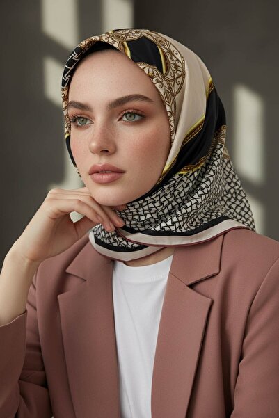 VİOLLA Twill Gold Kemerli Geometrik Desenli Pudra Renkli 90x90 Eşarp (İpek İç...