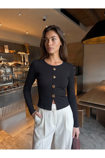 Juuuj Black Ribbed Camisole Long Sleeve Crew Neck Knitted Blouse with Front B...