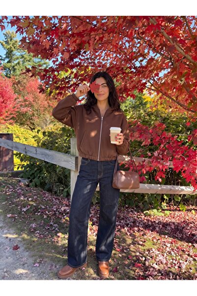 Juuuj Brown Three-Thread Fuzzy Textured Long Sleeve Zippered Pocket Relaxed F...