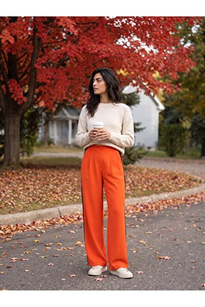 Juuuj Orange Polyester Fabric High Waist Wide Leg Palazzo Trousers with Strip...