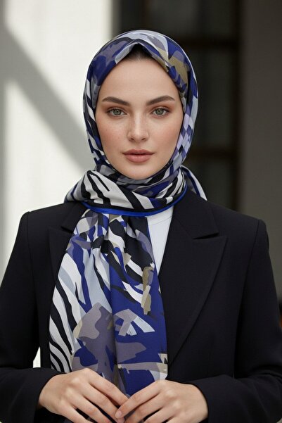 Vissona KREP ZEBRA VE ÇİÇEK DESENLİ SAKS RENKLİ 75X195 KIRIŞMAZ ŞAL