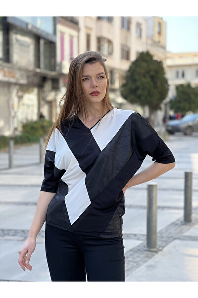 citycenterfashion Kadın Büyük Beden V Yaka Siyah Bluz Parçalı Siyah Beyaz Der...