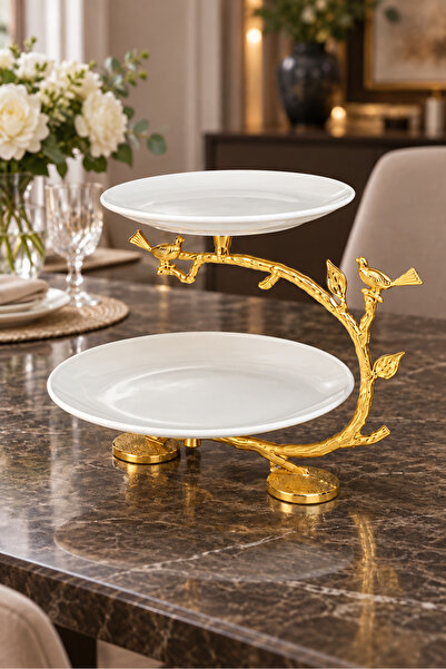 MAY HOME Porselen Lüks Sunum Tabağı Gold 2 Katlı & Kurabiyelik Meyve Yemek Se...