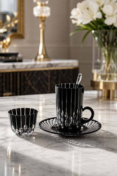 Kristal Market El Yapımı Kristal Desenli Siyah 6 Kişilik Çay Takımı Set 18 Parça