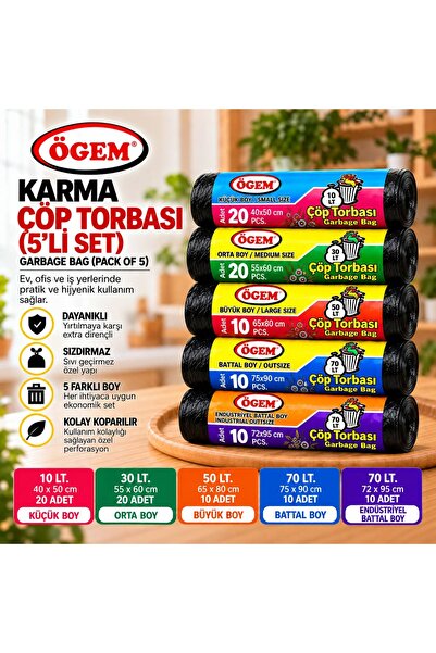 Ögem Karma Siyah 5 Farklı Boy Çöp Torbası Ekonomik Paket (Küçük, Orta, Büyük,...