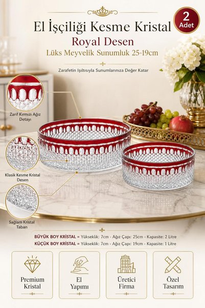 Kristal Market Handcrafted Cut Crystal Royal Pattern Luxury Fruit Bowl Presentation Bowl 25-19cm