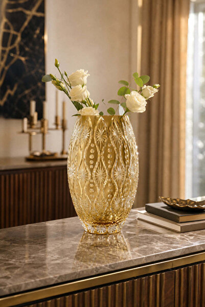 Kristal Market El İşçiliği Özel Tasarım Kesme Kristal Afrodit Desen Vazo Gold...