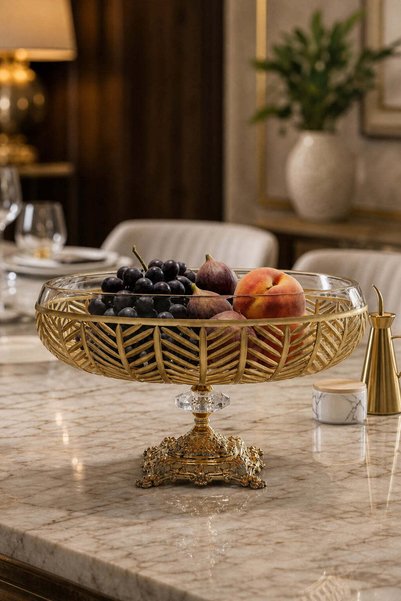 Kristal Market 28cm Kesme Kristal Dekor Gold Ayaklı Cam Kase Milas Gold Desen