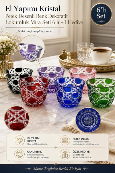 Kristal Market Handmade Crystal Honeycomb Patterned Colorful Decorative Turkish Delight Bowl Set of 6 +1 Gift