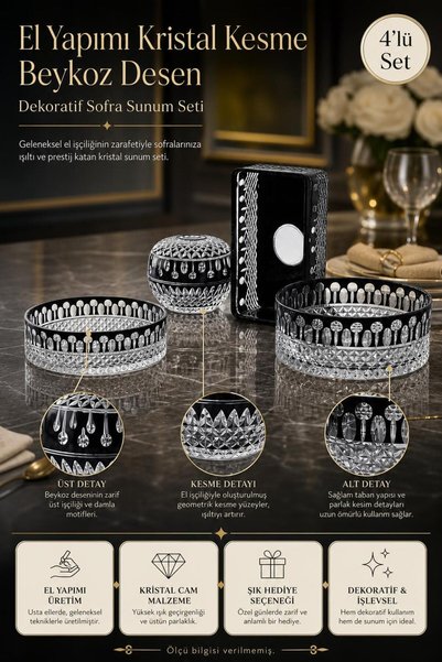Kristal Market Handmade Crystal Cutout Peacock Pattern Decorative Tableware Presentation Set of 4