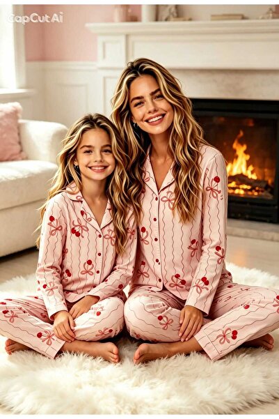 NiCe İç Giyim Mother-Daughter Matching Pajama Set, Pink Cherry and Bow Patter...