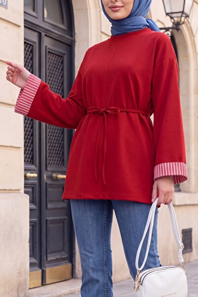 Modamorfo Yırtmaçlı Bisiklet Yaka Beli Bağlamalı Penye Sweat -kırmızı