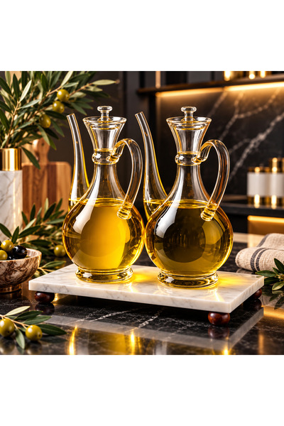 Pembelia Life Mermer Standlı Borosilikat Cam 750 ml Yağdanlık Set 3’lü Yağlık Set Ayçiçek Yağı Zeytinyağı Şişesi