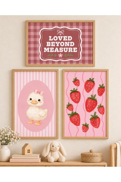 Genel Markalar "Loved Beyond Measure" Ve Çilek Desenli 3'lü Çocuk Odası Tablo...