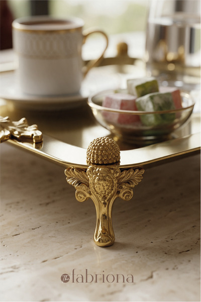 FABRIONA Sultan Gold Tepsi Paslanmaz Çelik Gold & Gümüş Söz Nişan Nikah Çay Kahve Sunum Tepsisi 22x22 cm