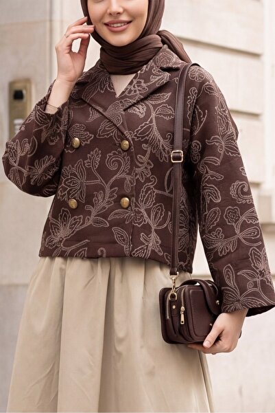 Modamorfo Shirt Collar Mixed Patterned Buttoned Front Quilted Jacket -Brown