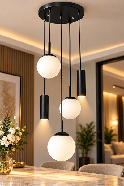 VENON RANA 5.Lİ YUVARLAK TEPSİLİ SİYAH ✨ 2 Spot Led ✨ 3 BEYAZ Glop Camlı ✨ Mo...