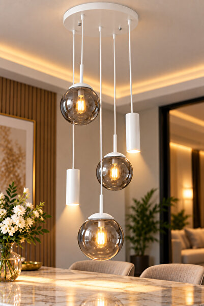 VENON RANA 5.Lİ YUVARLAK BEYAZ ✨ 2 Spot Led ✨ 3 FÜME GLOP CAMLI ✨ Modern Sıra...