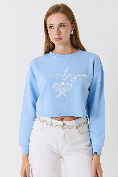 Juuuj Blue Two-Thread Crew Neck Drop Shoulder Print Detailed Ribbed Cuff Crop...