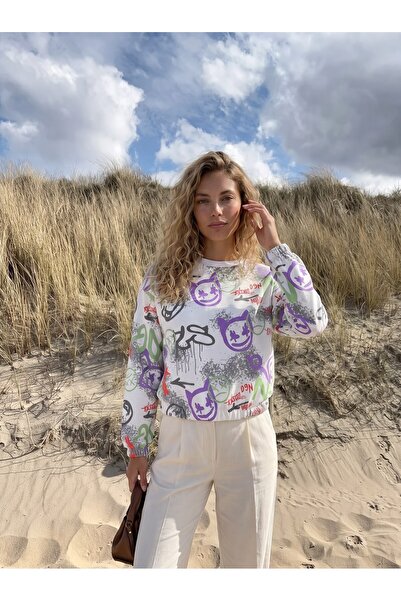 Juuuj Hanorac elastic cu mânecă lungă, cu guler tip crewneck, cu imprimeu gra...