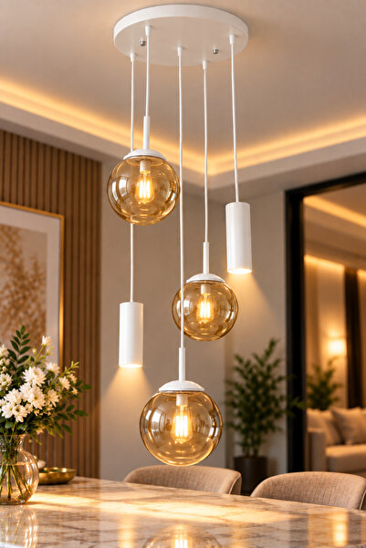 VENON RANA 5.Lİ YUVARLAK BEYAZ ✨ 2 Spot Led ✨ 3 BAL GLOP CAMLI ✨ Modern Sıral...