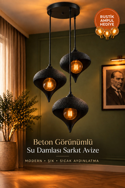 JUTUAL DEKOR Beton Görünümlü Siyah 3'lü Su Damlası Sarkıt Avize Modern Bohem ...