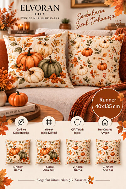 ELVORAN JOY Sonbahar Bal Kabağı Temalı 3’lü Dekoratif Set – 2 Adet Kırlent ve...