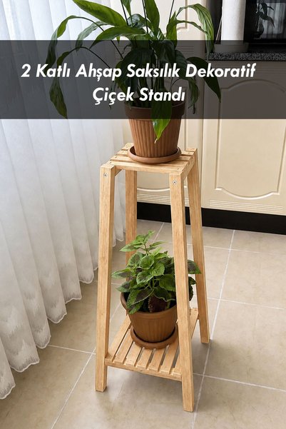 Moola Çiçeklik 2 Katlı Ahşap Saksılık Dekoratif Çiçek Standı Bitki Rafı Balko...