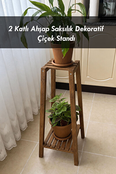Moola Çiçeklik 2 Katlı Ahşap Saksılık Dekoratif Çiçek Standı Bitki Rafı Balko...
