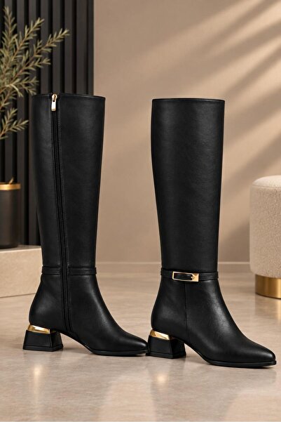 Dubais Shoes Suni Deri Tokalı Diz Altı Sine Çizme 4Cm Topuk dubais006 ( Baldı...