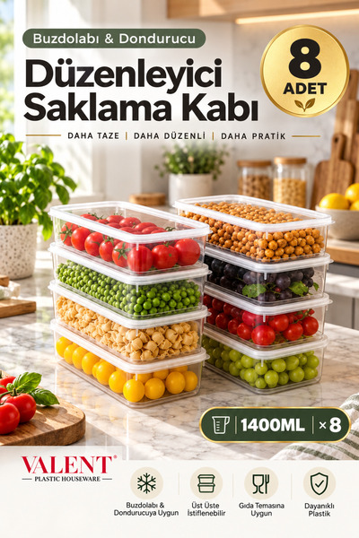 VALENT Fresh 8'li 1.4 Litre Sızdırmaz Erzak Saklama Kabı - Şeffaf - Buzdolabı...
