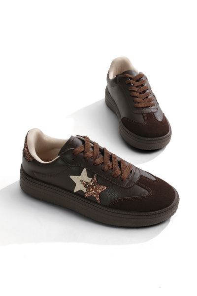 Tonny Black Kadın Kahve Rahat Kalıp Yarım Yıldız Desenli Sneaker