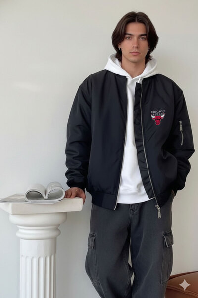 Cool mans Oversize Erkek Siyah Bomber Ceket - Su İtici Kumaş Mevsimlik Pilot Ceket